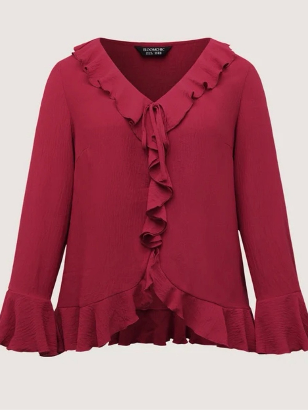 BloomChic Women's Ruffle Front V-Neck Blouse in Raspberry